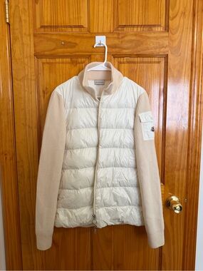 Moncler Cream Quilted Puffer Jacket with Knit Sleeves